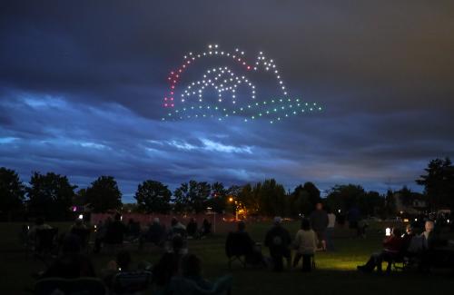 Drone Show image showing the City logo above the City Park